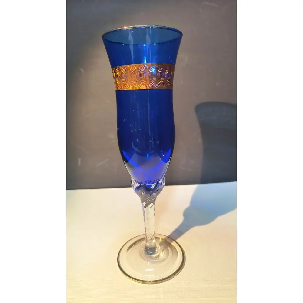 1027.  Vintage Cobalt Blue Bohemian Stemware 24K Gold Band